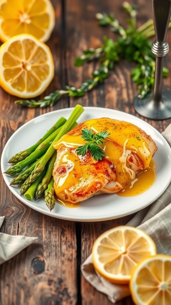 Lemon chicken with asparagus on a rustic table, garnished with parsley and lemon.